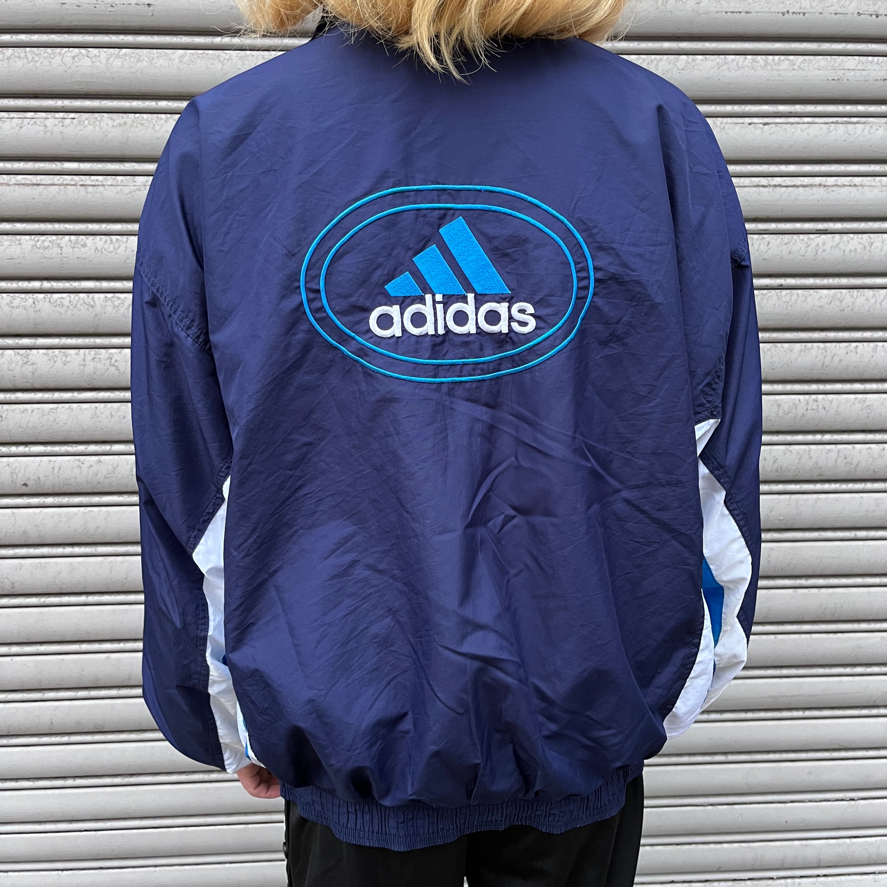 90s adidas 万国旗タグ ナイロンジャケット パフォーマンスロゴ 紺 L