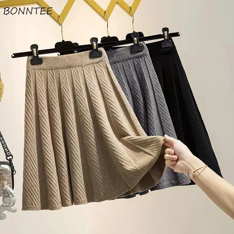 【新作】【送料無料】 スカート女性秋冬ニットファッション居心地の良い女性帝国トレンディな固体エレガントな韓国スタイルスリムストリートプリーツ学生 029331247806