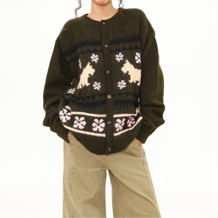 ボタンフロント ヒップ丈 ラウンドネック カーディガン L00132