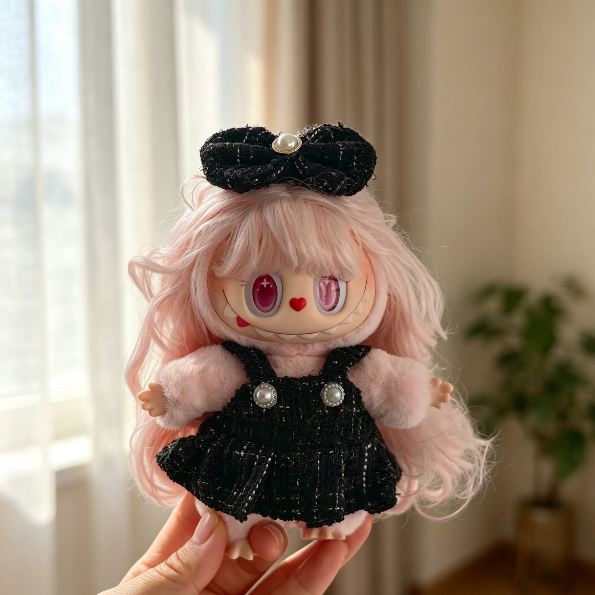 Labubu 1-3代用 パール付きワンピース+リボンヘアアクセサリー ラブブ