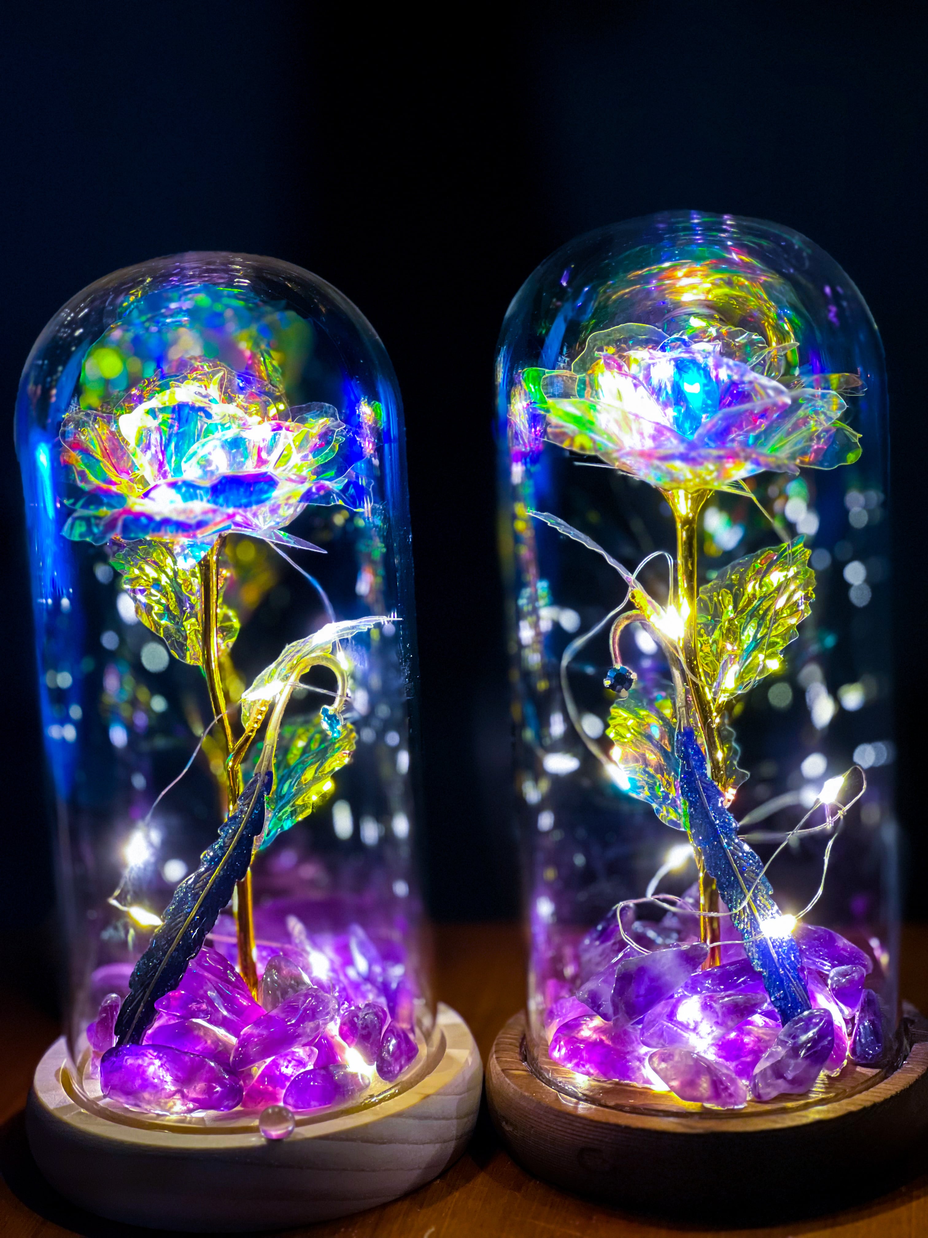 ハンドメイド作品 ガラスドーム 天然石使用オーロラローズ