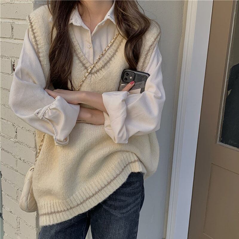 ルーズニットトップス スプリングスタイルVネックノースリーブプルオーバー 春物 萌量不足13974151012