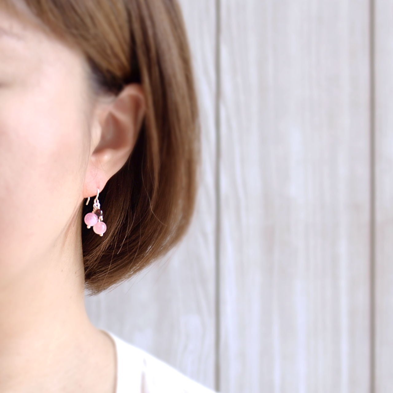 ローズクォーツ＋クンツァイト＋ガーネットピアス（イヤリング