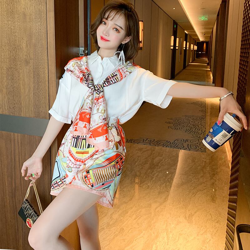 プリントスカーフ シャツ ハイウェストウェストワイドレッグショーツ サマー 夏物 ブルマー ワイドパンツ シルク ステッチ MIUCO97441090089