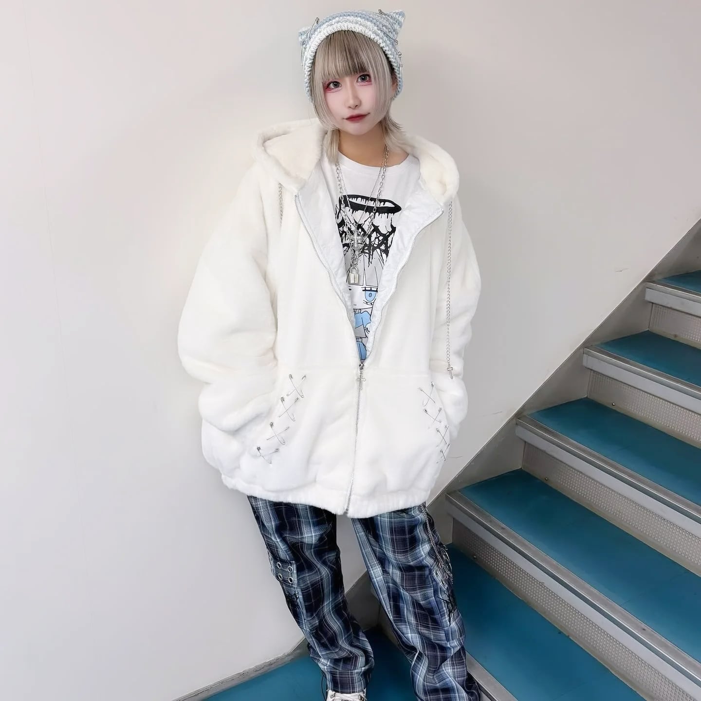 サブカルロゴ刺繍☆ボーダーネコ耳PINニット帽(WHITE/BLUE