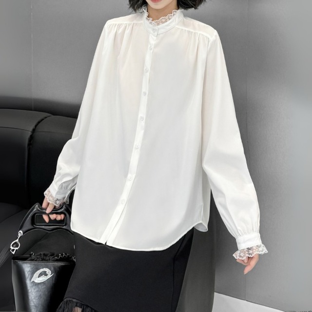 Lace-Trimmed Band Collar Shirt　H0171