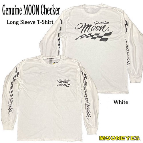 Genuine MOON Checker Long Sleeve T-Shirt White ジェニュイン ムーン チェッカー ロング スリーブ Tシャツ ホワイト 長袖 ワイルドマン石井 レタリング ピンストライプ HOTROD バイク MOONEYES ムーンアイズ