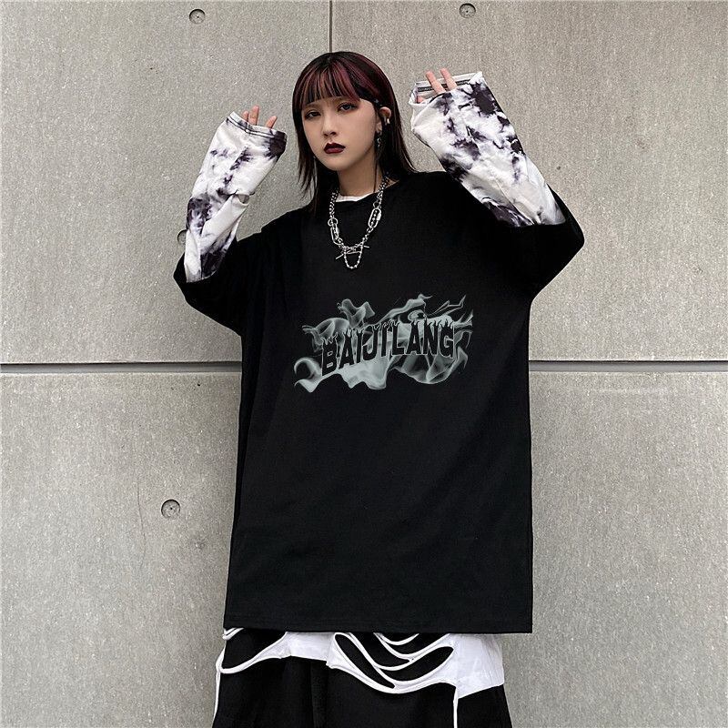 Y*I様 プリントTシャツ　ワンピース　ゴシック　メン地下　地雷系　サブカル サブカル 服 地雷系 通販 ロングシャツ 重ね着 長袖 ロゴ プリント