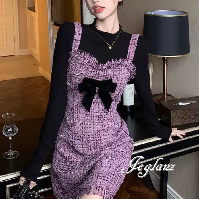 ツイード ニット サロペ スカート フリンジ リボン ミニ/ロング(MB587)γ