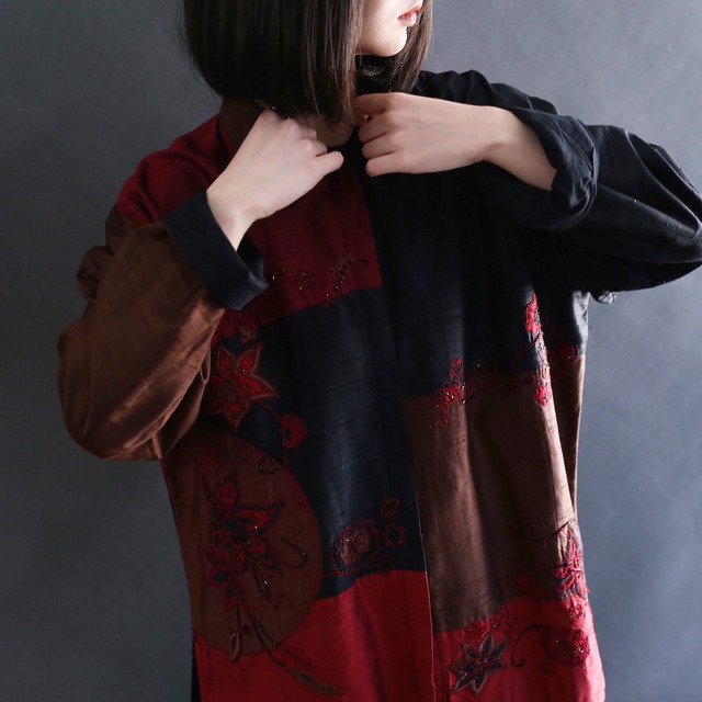 switching asymmetry design flower embroidery l/s shirt jacket