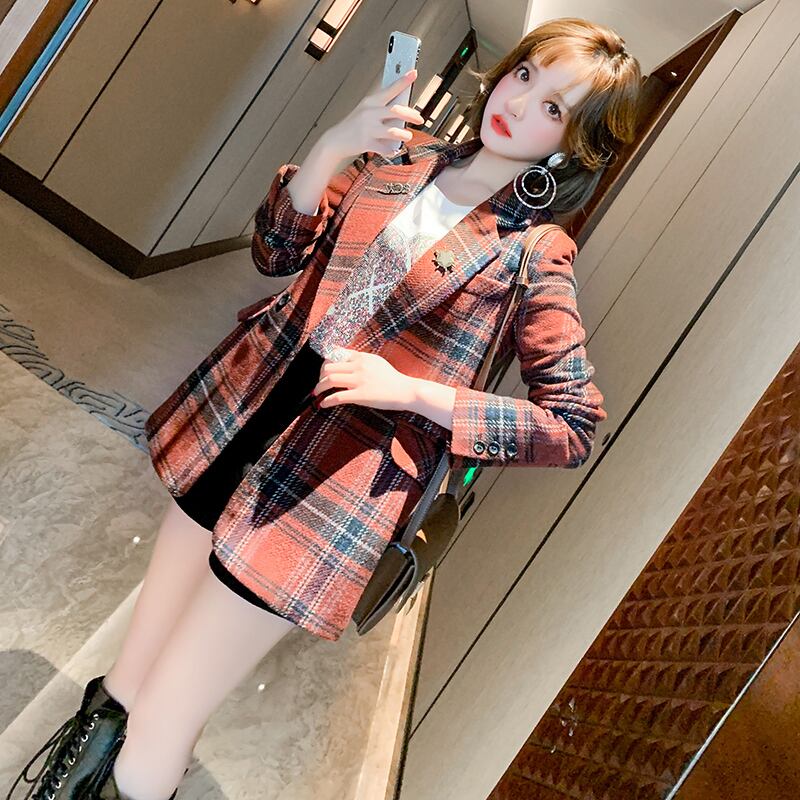 スタンダード格子柄ダブルブレストポケットスリムジャケット スプリング レトロ 春物 MIUCO59307855220