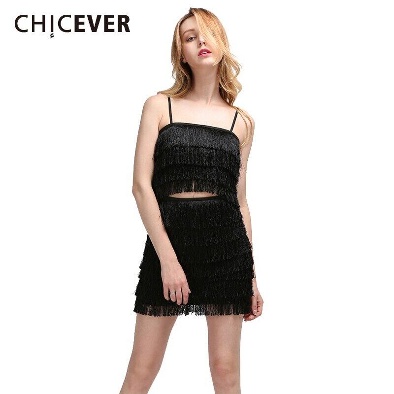 CHICEVERTelツーピースセット女性スリングショートトップスウエストボディコンミニスカートセクシーセット服 6base539875920429