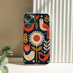 受注生産 iPhoneケース 鳥と太陽の濃紺フォークアート｜鳥モチーフ FMSY008D