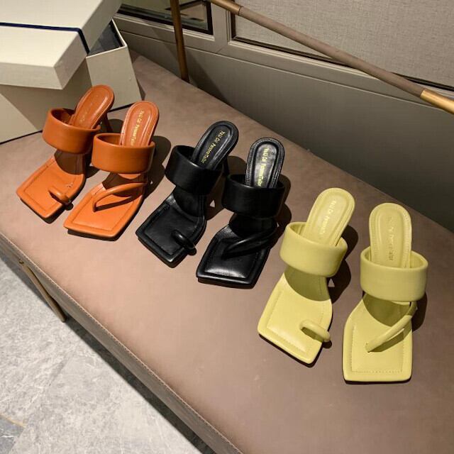 サンダル レディース スクエアトゥ トング アンバランス アシンメトリー オープントゥ ハイヒール 春夏 全3色 ブラック/ブライトイエロー/ブラウン 22.5cm/23cm/23.5cm/24cm/24.5cm