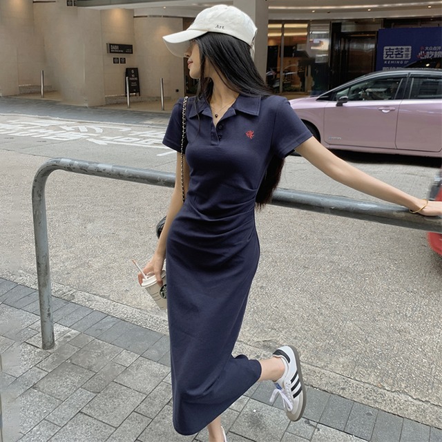 【KEKELIシリーズ】★ワンピース★ 2color レディース POLOシャツ 可愛い 夏服 グレー ネイビー ロング丈 カジュアル