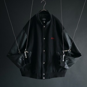 over silhouette black wool × black leather switching design stand-collar stadium jacket