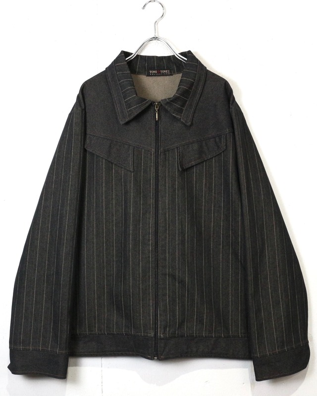 【Caka act2】Stripe Switching Vintage Loose Zip Up Denim Shirt Jacket