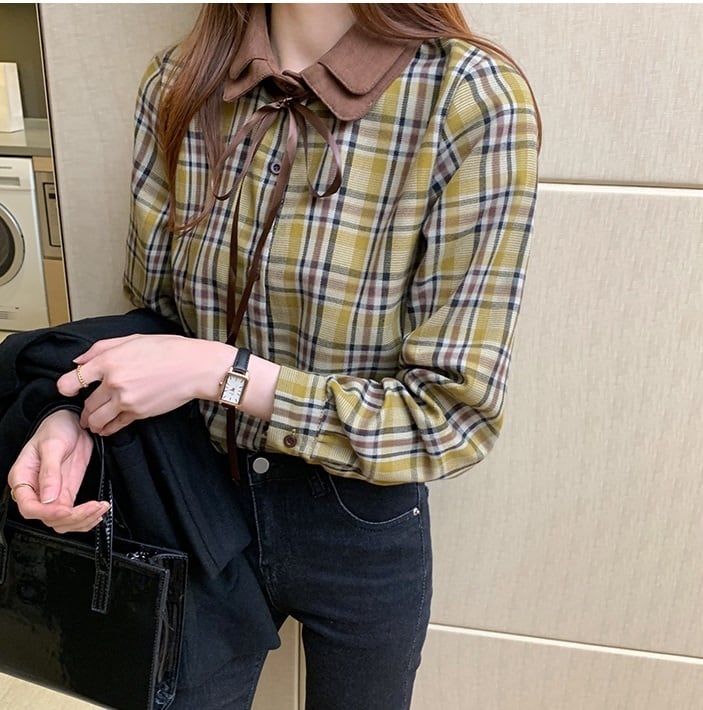 HYKE チェック柄 長袖ボウタイシャツ