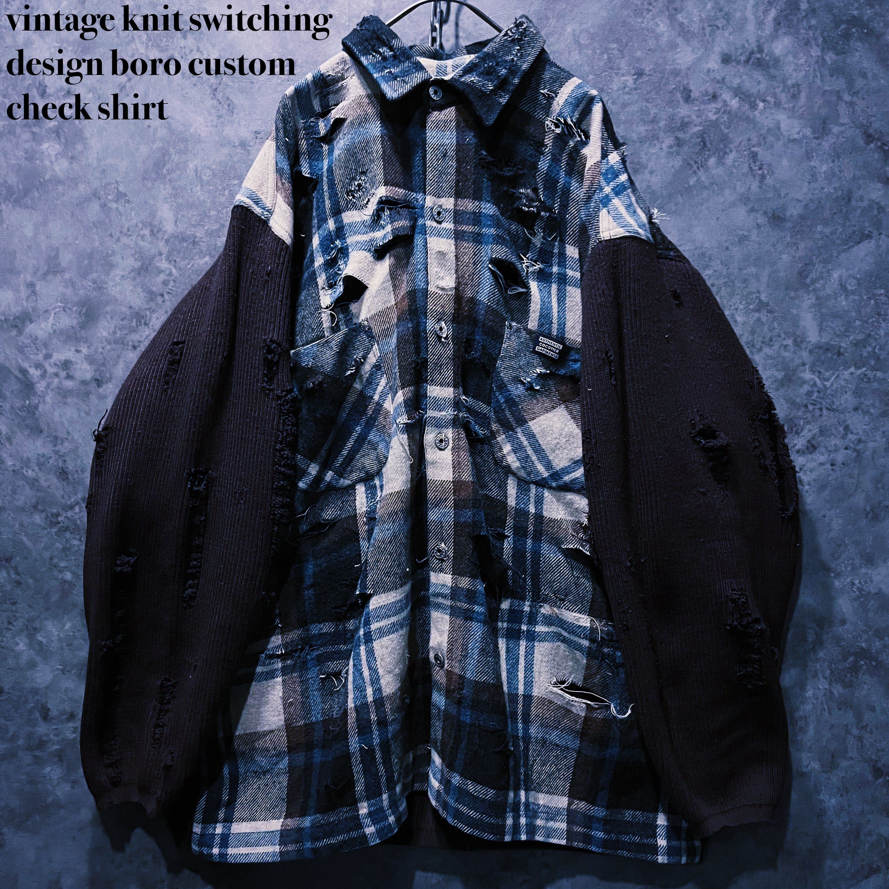 doppio】vintage knit switching design boro custom check shirt | ayne