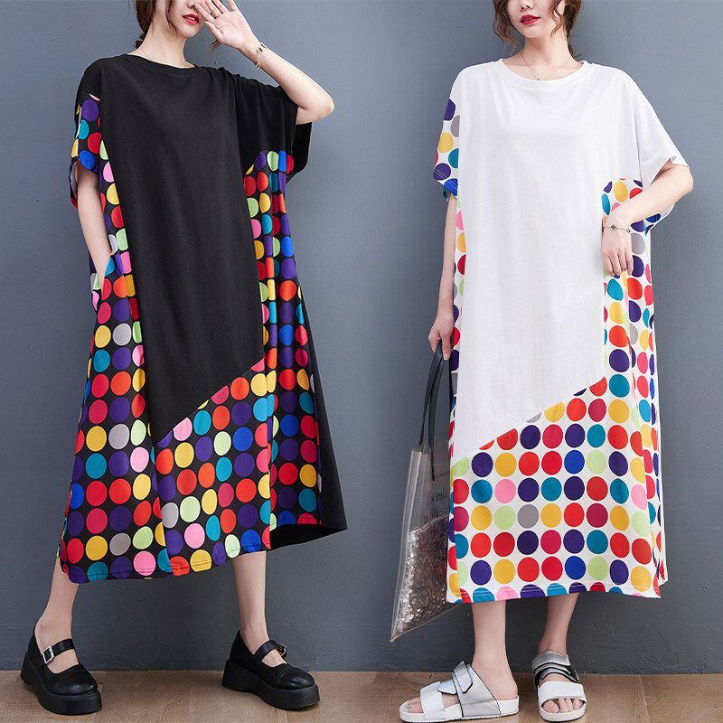 POLKA DOT PRINT RELAXED ROUND NECK LONG DRESS M-17682