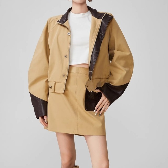 レザーディテールスタンドカラーセットアップ（単品購入可)［S-XL］