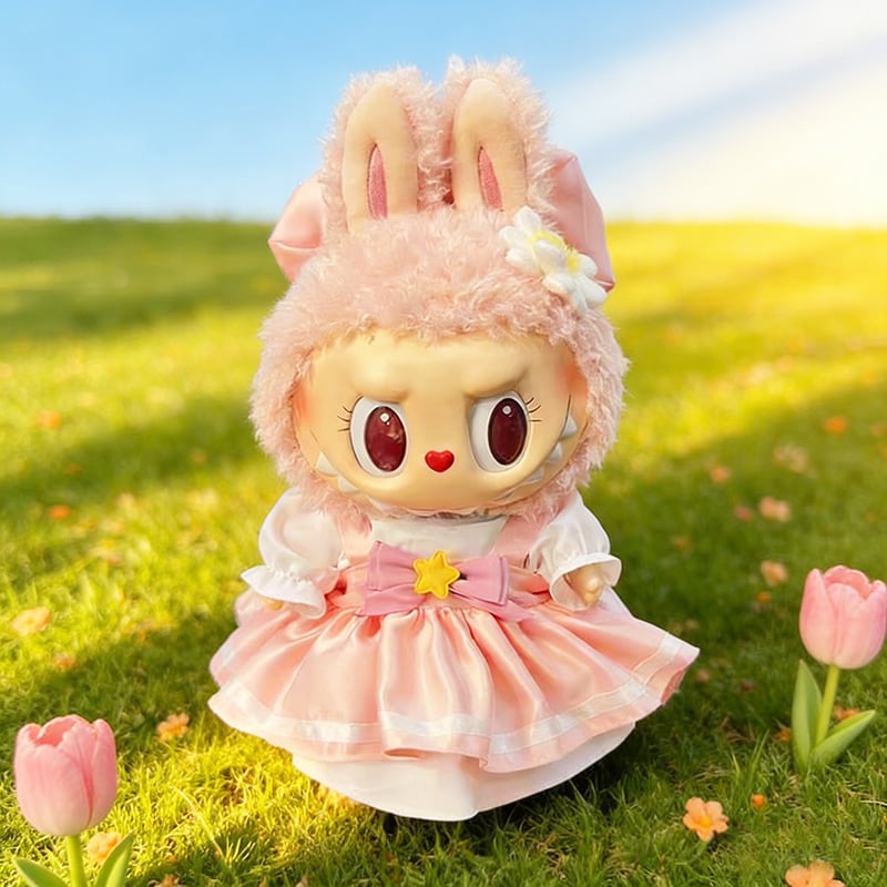 無属性　自作ぬいぐるみ　オレンジピンクリボンのエルフ女の子　骨付き 38cm Labubu/MOKOKO用 かわいい 星リボンワンピース+帽子 ラブブ