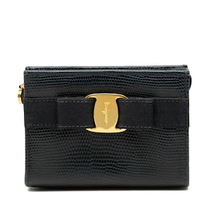 サルヴァトーレフェラガモ ヴァラリボン 型押し ポーチ コスメポーチ 223057 ネイビー レザー レディース Salvatore Ferragamo 【中古】