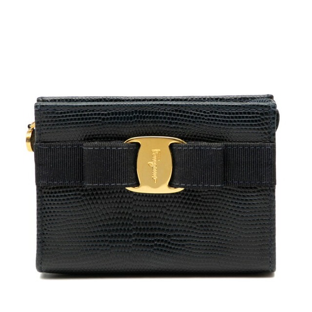 サルヴァトーレフェラガモ ヴァラリボン 型押し ポーチ コスメポーチ 223057 ネイビー レザー レディース Salvatore Ferragamo 【中古】