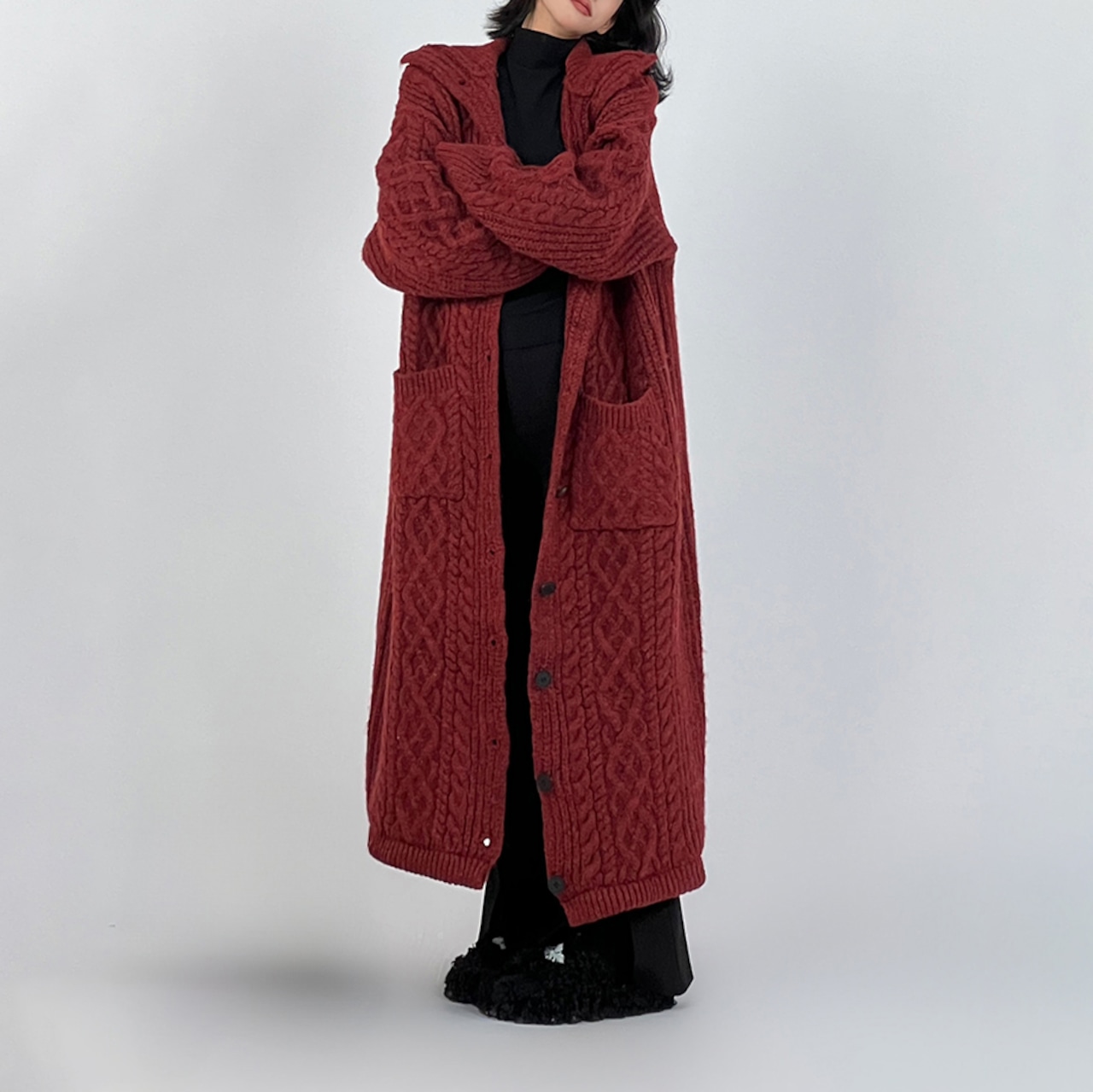 オーバーサイズ ハイネックロングニットカーディガン H0049