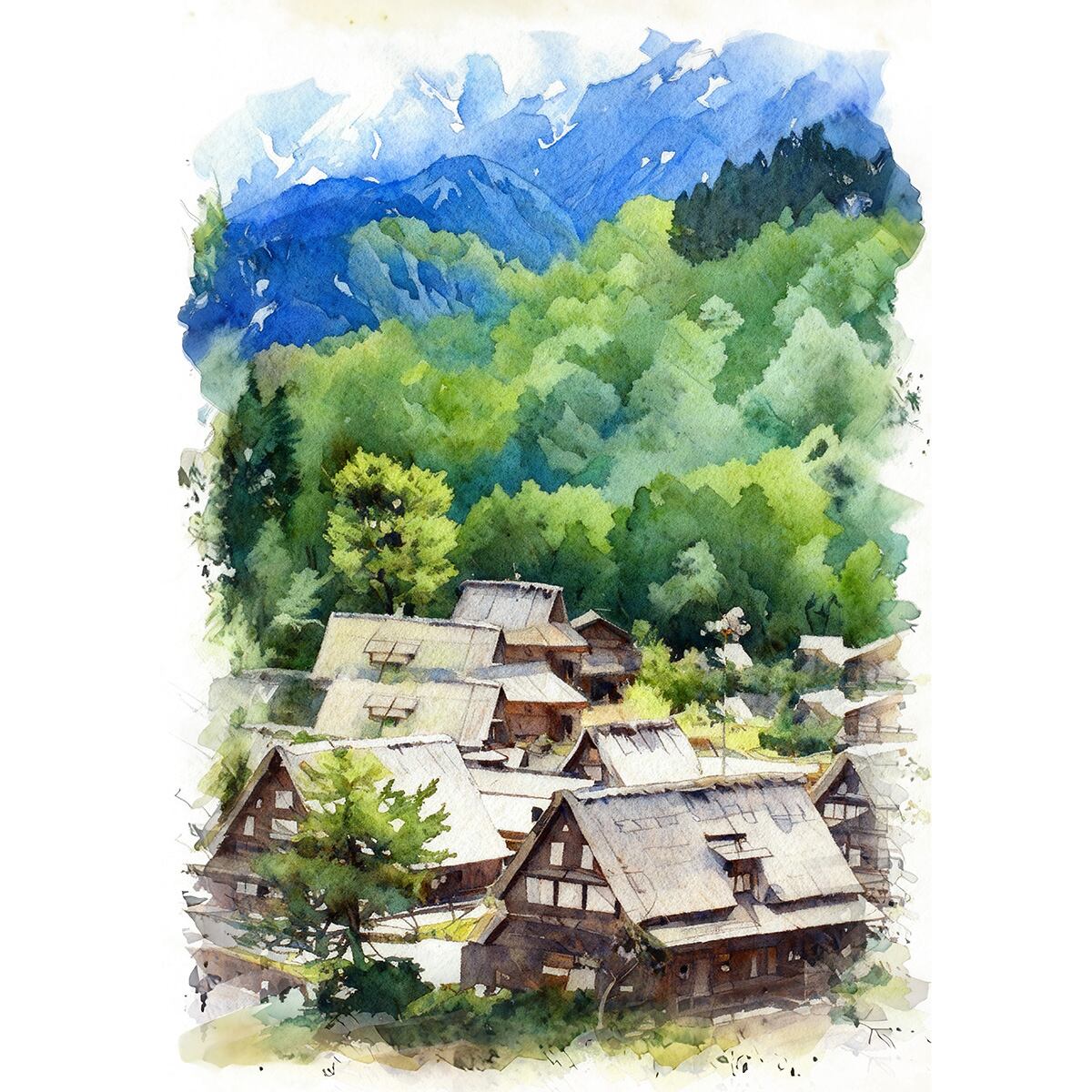 絵画(風景画) 日本 岐阜県 雪夜の白川郷 インテリアアート額付き