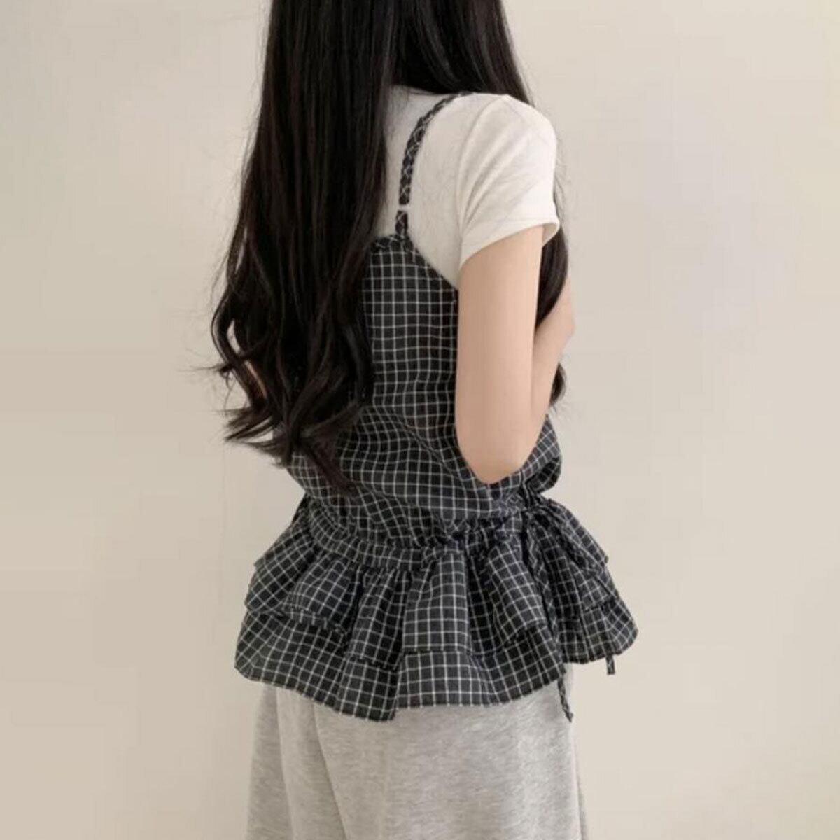 ペプラム キャミソール チェック柄 フリル レディース 春夏 韓国 ティアード ビスチェ きれいめ 大人 かわいい フェミニン ガーリー サイドリボン レイヤード 重ね着 ギャザーフリル 大人可愛い 大人女子