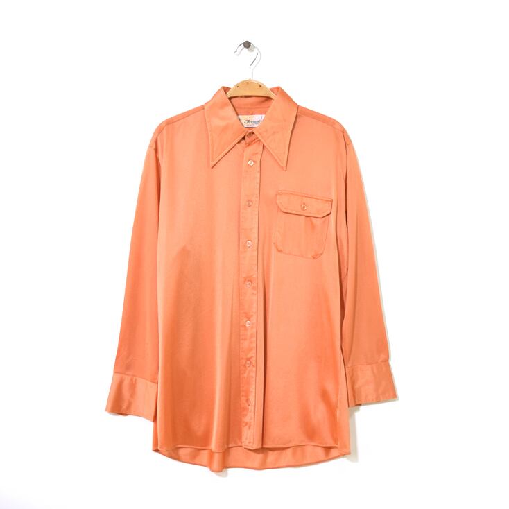 70S ポリシャツ ヴィンテージ ポリエステル 無地 襟芯 長袖シャツ ドレスシャツ オレンジ メンズL相当 古着 @CA0694