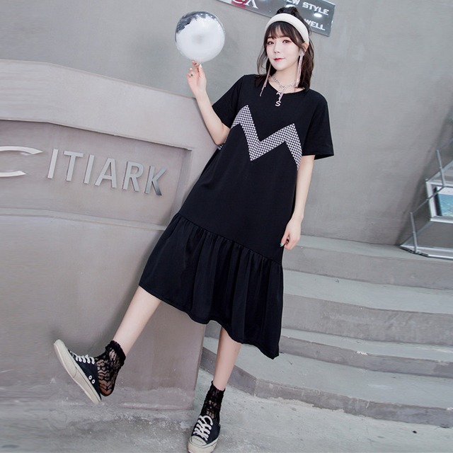 スカート ラウンドネックパターンプリントドレス 大きめサイズ Oネック ステッチ ミックスインファッション10251656655