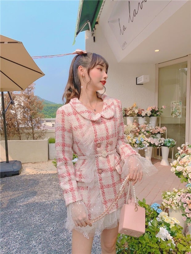 ピンク ツイード ジャケット チェック ガーリー 姫 可愛い