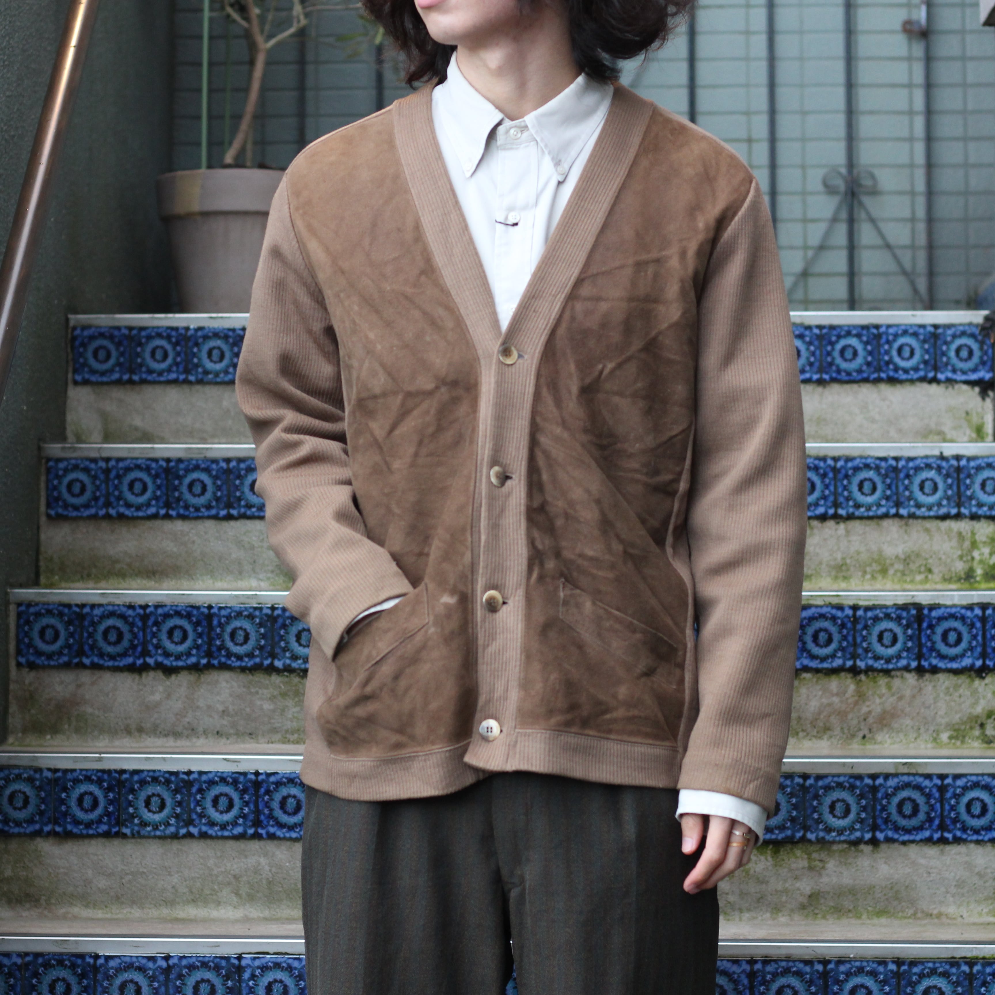 USA VINTAGE LEATHER KNIT DESIGN CARDIGAN/アメリカ古着レザーニット