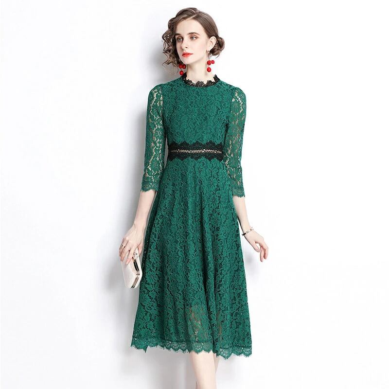 スカート ワンピース ロング 7分袖 ラウンドネック ガウチョ レース 刺繍 フリル かわいい きれいめ 大人 上品 おしゃれ レトロ ラブリー キュート 柄 花柄 誕生日 入学式 入園式 卒業式 卒園式 謝恩会 結婚式 二次会 披露宴 20代 30代 40代 50代 レディース デート お出かけ 女子会 スタイル トレンド S M L XL 2XL グリーン