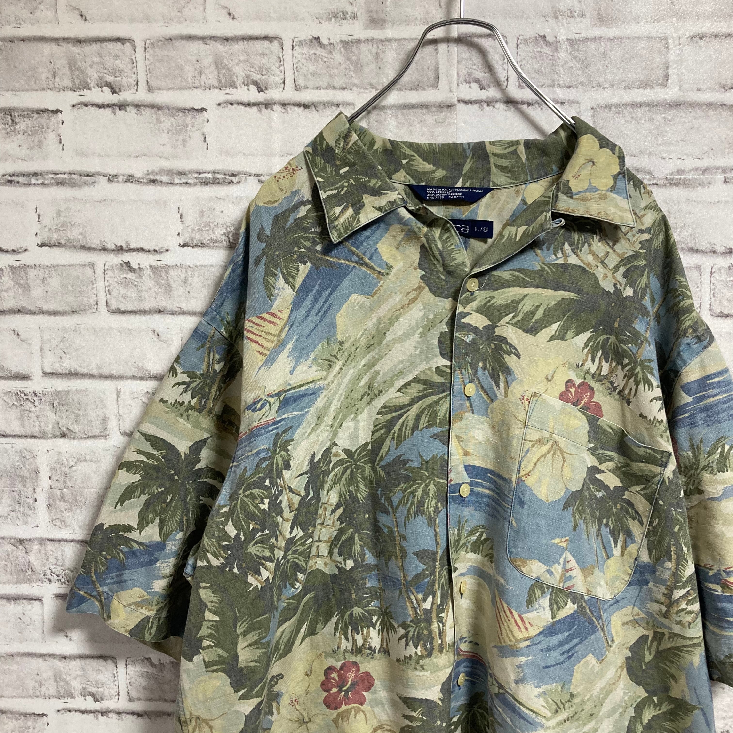 【nautica】S/S Aloha Shirt L 90s vintage ノーティカ オールドノーティカ ヴィンテージ アロハシャツ 総柄シャツ  半袖シャツ ビーチ ボタニカル リネンレーヨン混 アメリカ USA 古着