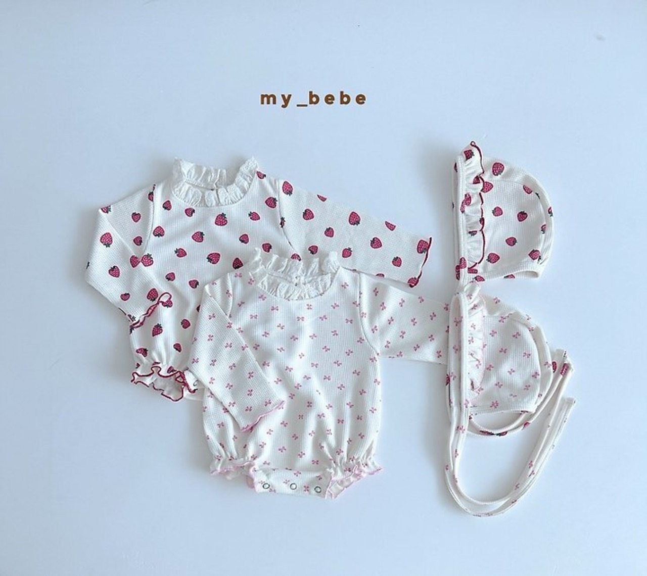 韓国子供服 / Mybebe / ワッフルレーススーツ (ボネット付き) / ベビー *S~Ⅿ*