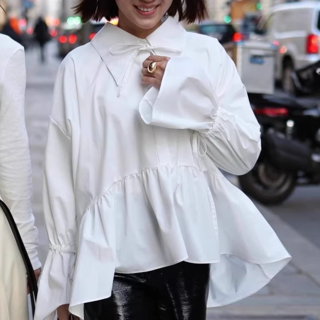 Ribbon candy sleeve bow tie blouse G989