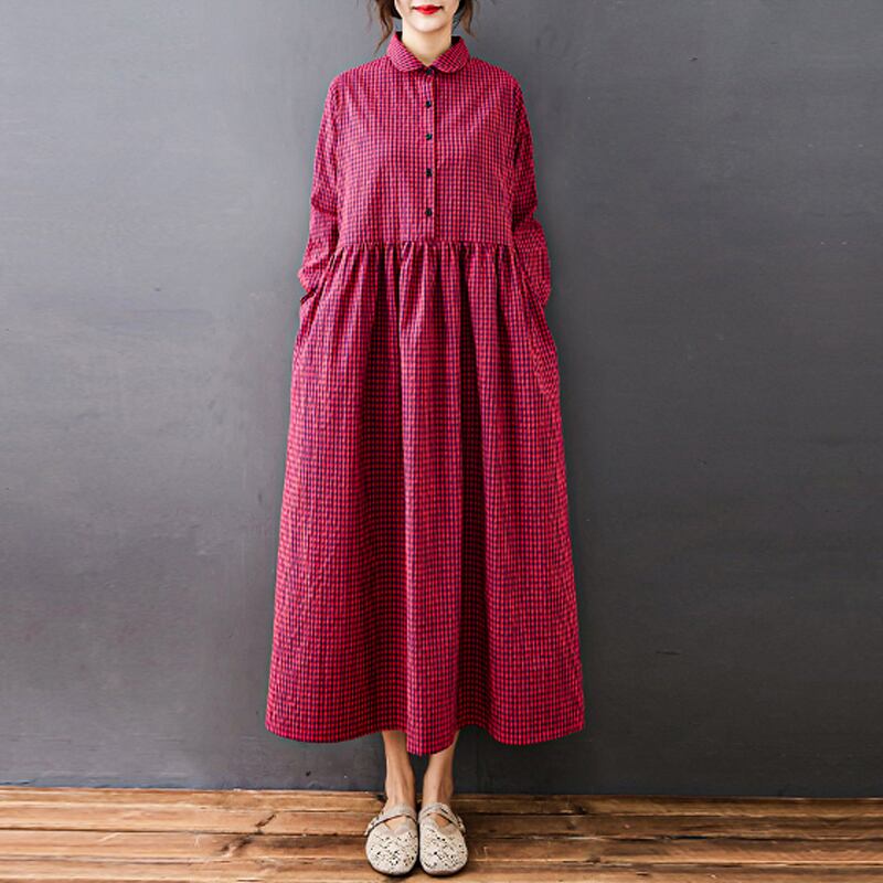 初回送料無料ラージサイズルースコットンリネンワンピースチェック柄