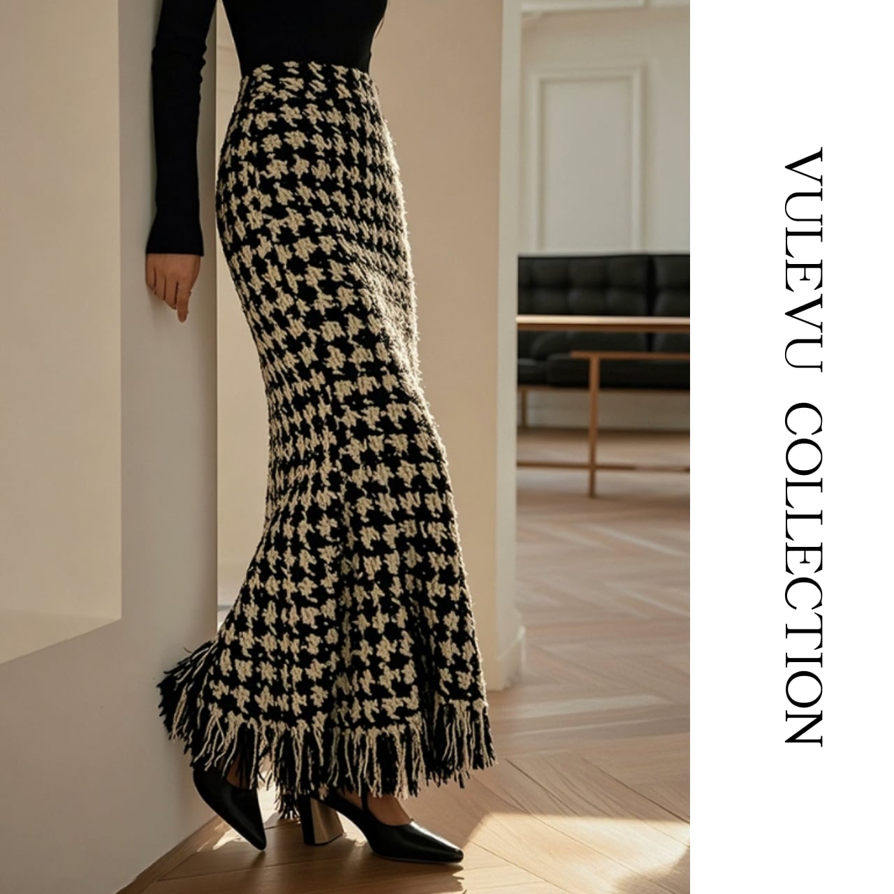 フリンジ ハウンドトゥース スカート B20
