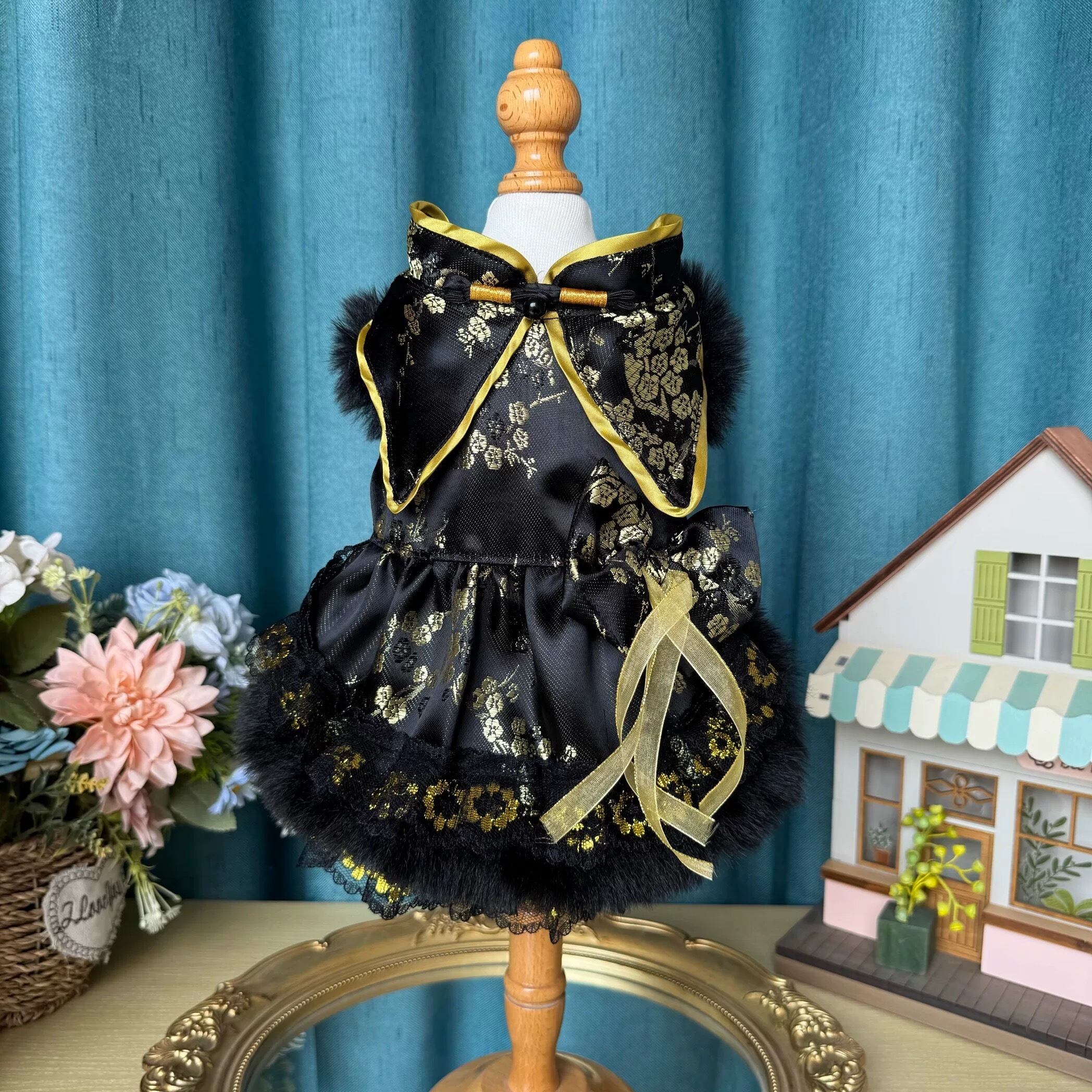 ブラック&ゴールドのチャイナドレス 00366