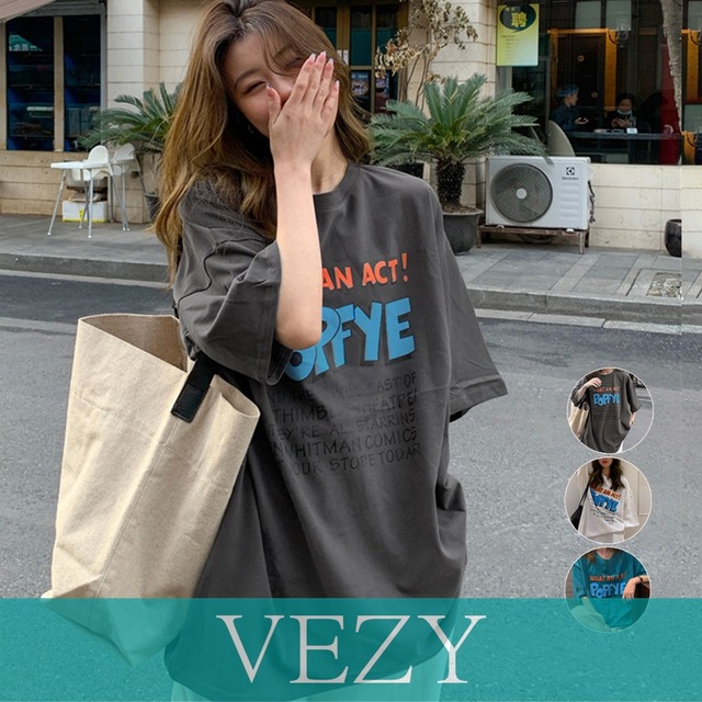 ロゴTシャツ レディース半袖ゆるtシャツ トップス ルーズ 英字ロゴ ロングTシャツ 着やせ 体型カバー プリントTシャツ 半袖 オルチャン 韓国ファッション夏服Tシャツ 半袖VEZY ベジー  ItemNo.【17669681】