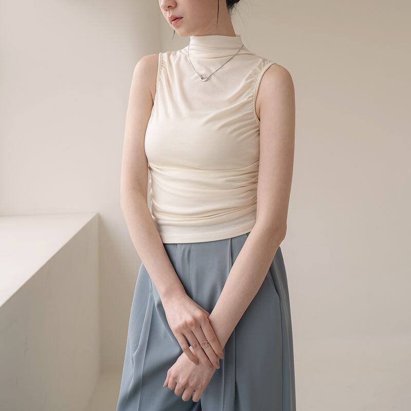 high neck gather design sleeveless cutsew 101447