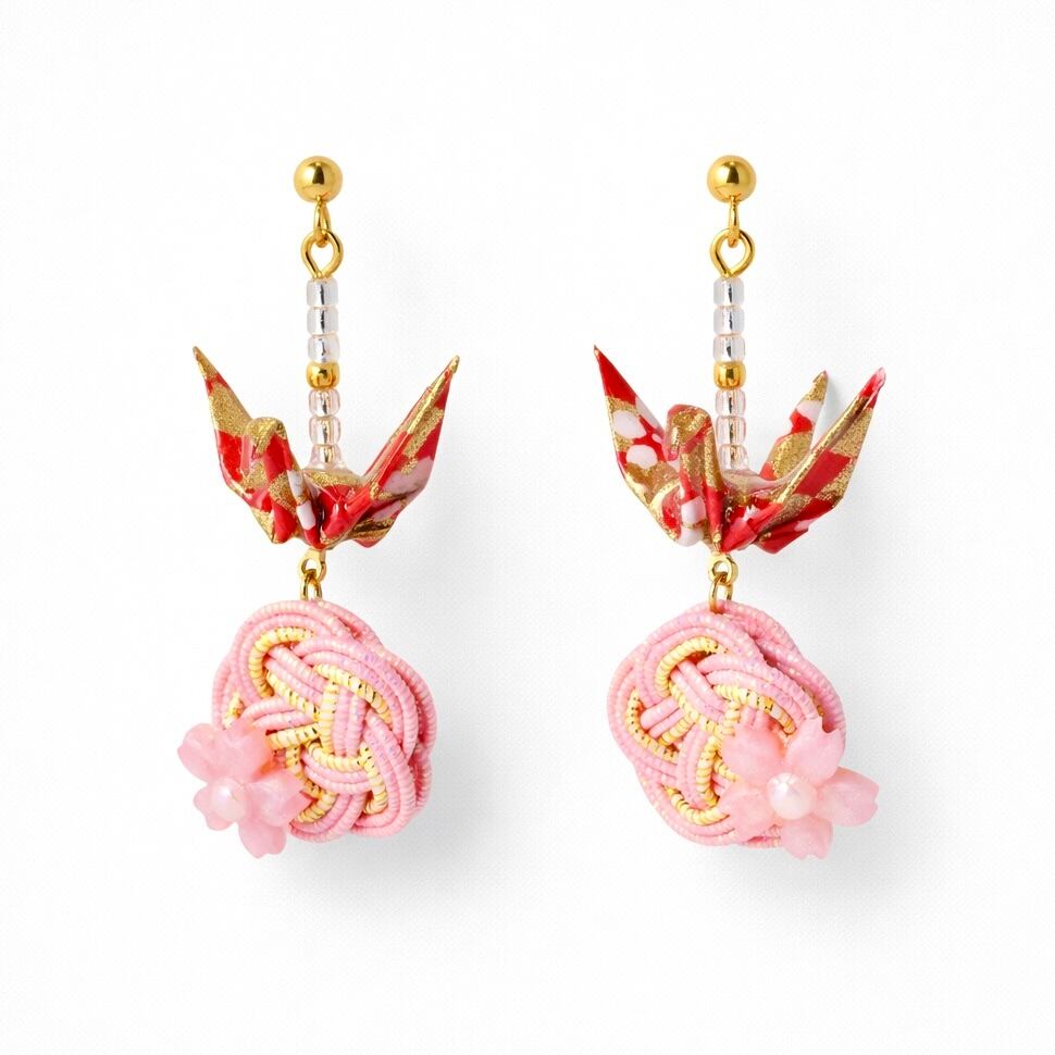 折り鶴と水引のピアス|ピンク