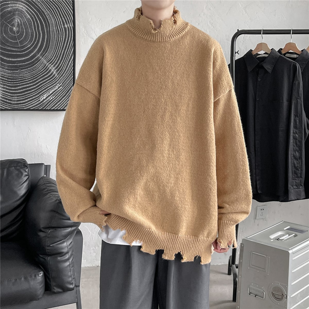 【予約販売】ニット オーバーサイズ ハイネック メンズ ダメージ加工 ヴィンテージ ホワイト ベージュ グレー ブラック セーター こなれ感 お洒落 韓国 トレンド 秋冬 M/L/XL/2XL