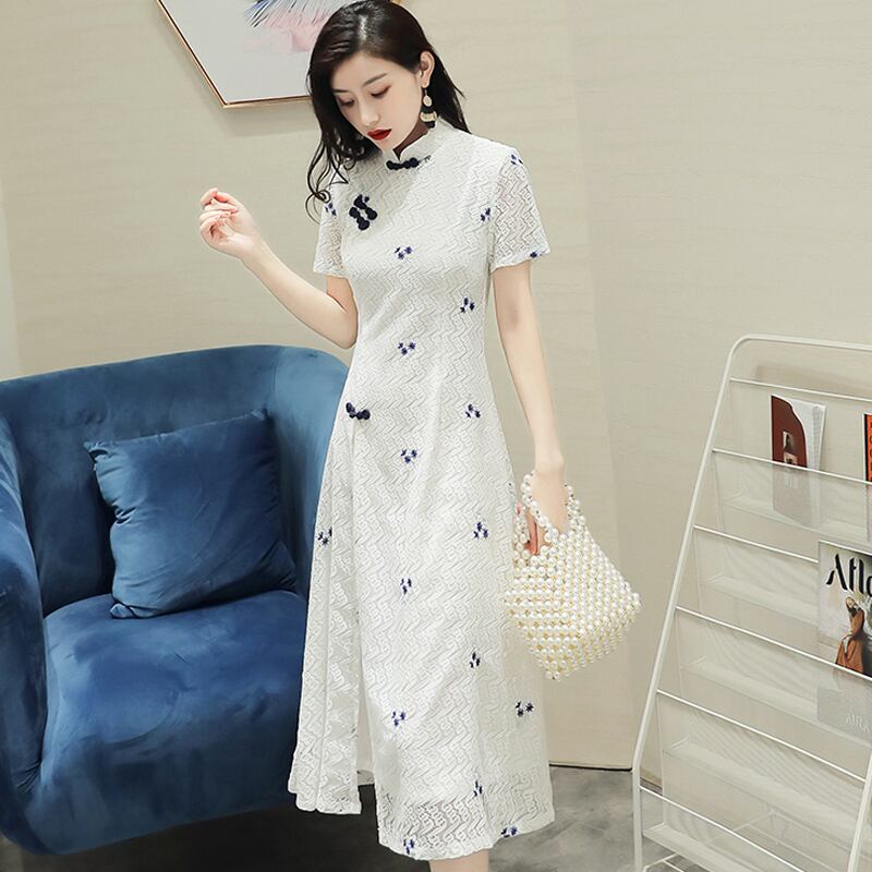 チャイナドレス ワンピース パーティードレス チャイナ風服 二次会 女子会 同窓会 スタンドネック 半袖 ロング丈 レース 改良型チャイナドレス 大きいサイズ S M L Ll 3l エレガント ホワイト 白い 普段着 Elegant