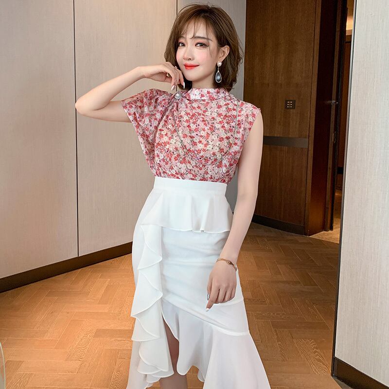 スタンドカラーカラーサイドスリーブバックルチェーン フローラルシャツ トップス サマー 夏物 花柄 MIUCO7356729847