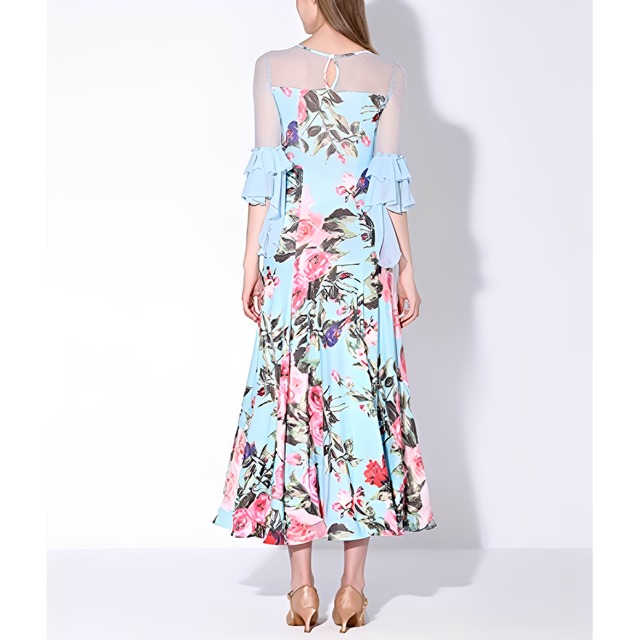 メッシュスリーブ エレガントフローラル フレア ダンスドレス 4col　D00348