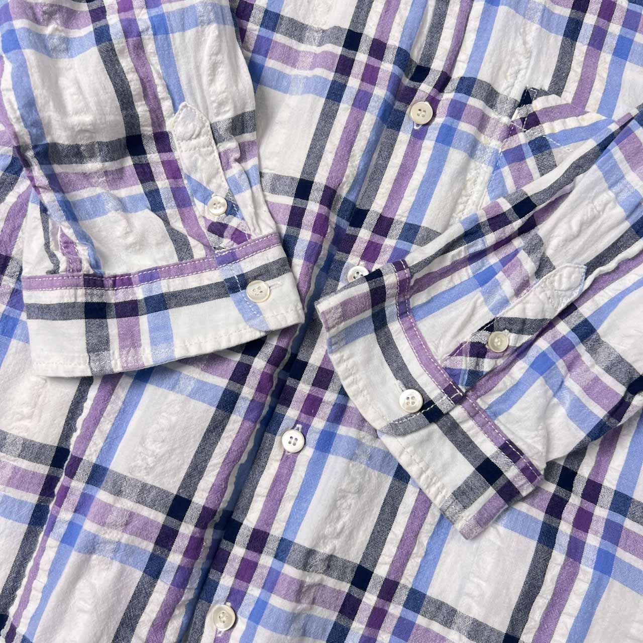 GAIJIN MADE ガイジンメイド チェック シアサッカー 七分袖シャツ S/ブルー×パープル系 メンズ 外人公司